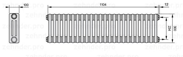 Схема (чертеж) Радиатор Zehnder Charleston 3030/24 №7610 Белый глянцевый RAL 9016